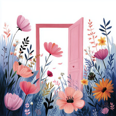 Colorful flowers surrounding an open pink door in a garden  