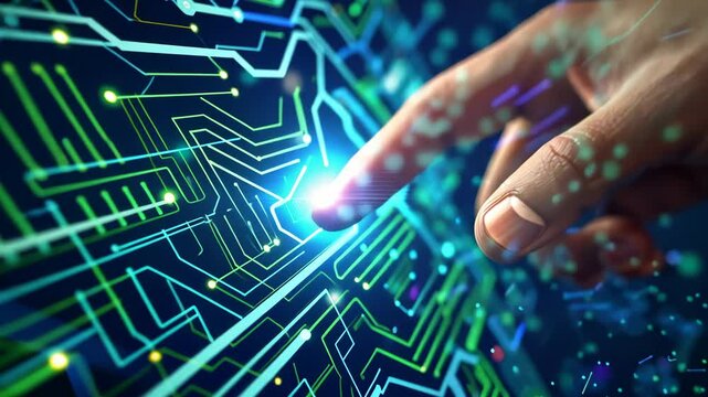 Digital technology concept of a finger touching a virtual screen, futuristic technology background - Powered by Adobe