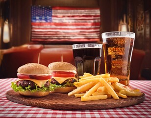 american style meal with burgers fries and drinks on a checkered cloth with a retro interior background