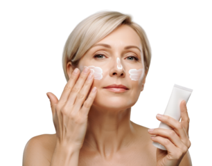 Mature Caucasian woman applying face cream