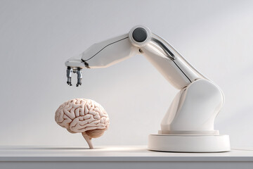A pristine white robotic arm delicately interacting with a human brain, symbolizing artificial intelligence, neuroscience, machine learning, technological advancement, and the future of human-computer