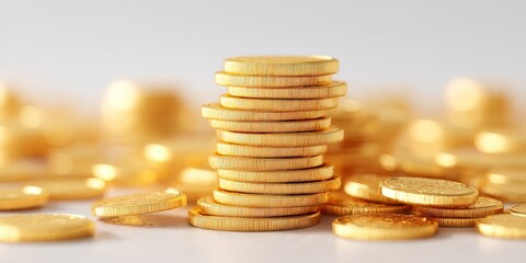 Luxury Gold Coins Symbolising Wealth and Prestige, Stacks of golden coins arranged neatly on a soft background.