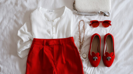 Fashion flat lay: red white outfit & pin