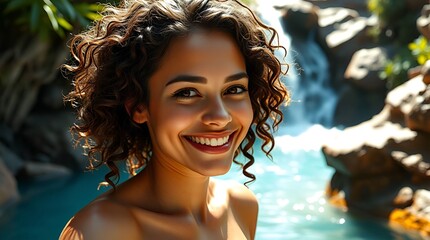 Young happy ethnic woman swimming in tropical jungle with waterfall	
