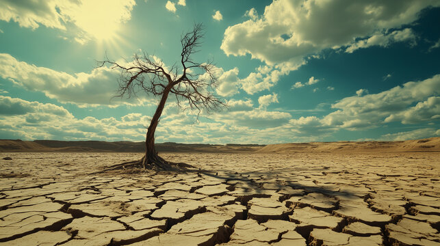 Dried cracked earth with single wilted tree - climate change