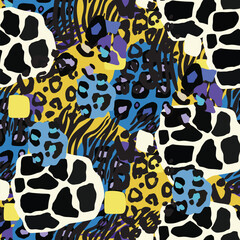 Seamless vector pattern. A vibrant design featuring a colorful leopard and zebra print background. This textile art combines patterns in green blue and pink hues, creating a visually striking art