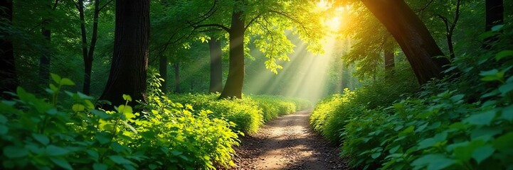 Magical Sun-Dappled Forest Path A Winding Journey Through Lush Green Foliage