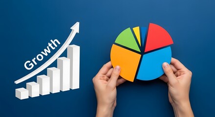 Hands holding colorful pie chart with growing bar graph, symbolizing business growth and success analysis.