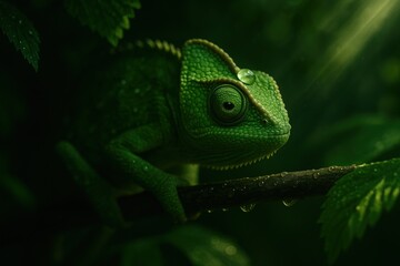 Fototapeta premium green iguanperched on branch in rainforest.