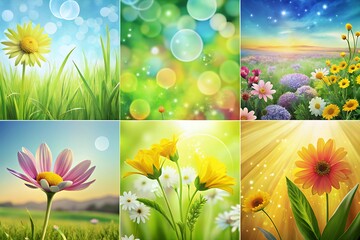 Vibrant collage of spring flowers and lush green grass with soft bokeh and sunlight rays creating a joyful and natural atmosphere
