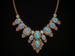 Iridescent opal bib necklace with asymmetrical stone setting and glow
