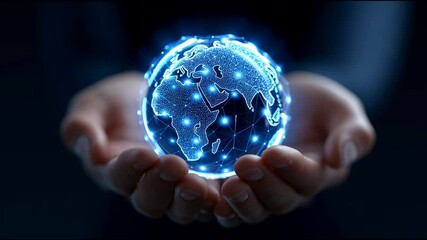 Illuminated globe representing global connectivity held in hands - Powered by Adobe