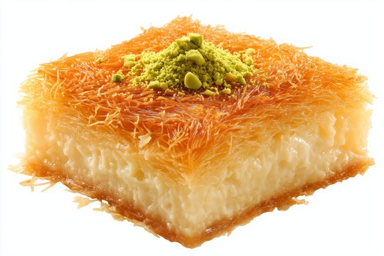 Delightful Middle Eastern knafeh cheese pastry with pistachio topping on a clean white background
