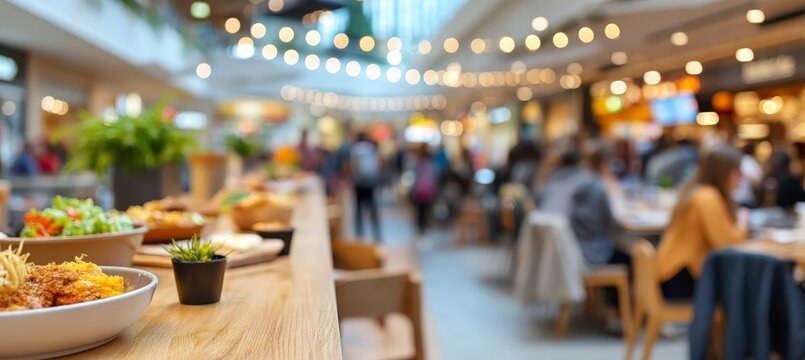 Customers enjoying their meals in a lively shopping mall atmosphere. - Powered by Adobe