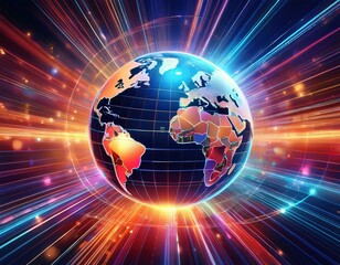 a vibrant globe is encircled by dynamic streaks of light radiating outwards with energy the image conveys a sense of global connection and futuristic technology