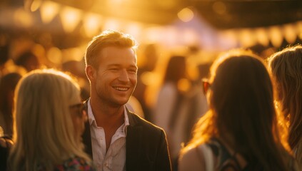 Smiling man conversing with several women at an outdoor music festival, with golden hour lighting.