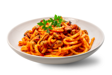 Handmade large spaghetti pasta with tomato sauce and mussels with parsley leaves in white plate isolated