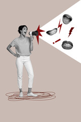 Image 3d zine vertical collage of angry girl scream megaphone mouth grimace society problem tension...