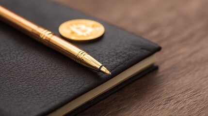 Luxury Gold Coins Symbolising Wealth and Prestige, A luxurious pen rests on a black notebook with a golden cryptocurrency coin, symbolizing finance and investment.