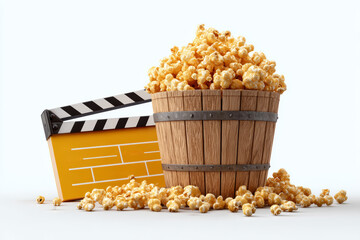 A wooden bucket of popcorn on the left side, and a movie clapperboard the yellow color of caramel corn.