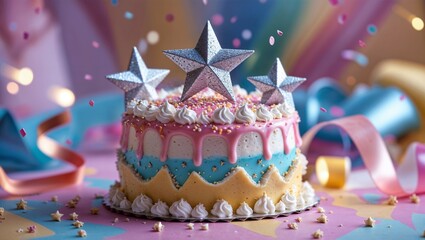 Colorful Mini Cakes with Star Decorations on Festive Background – Vibrant Celebration Dessert Display for Parties and Special Occasions