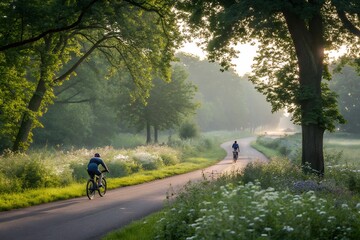 Two cyclists ride on a winding road through a misty forest during a beautiful golden sunrise with sun rays filtering through the trees