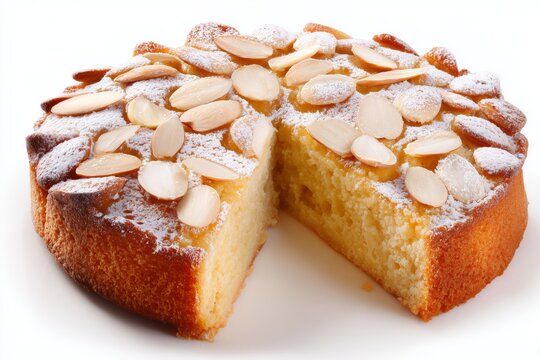 Delicious Spanish tarta de Santiago almond cake with sliced almonds on top, presented on a white background, showcasing its golden texture and inviting appearance