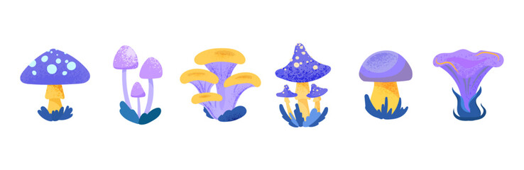 Fantasy Mushrooms set Vector Illustration. Collection of whimsical mushrooms with texture in flat style, ideal for children’s designs, prints, icons, design element, packaging