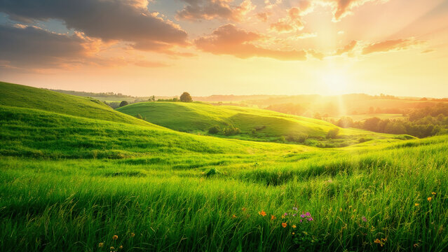 Lush green rolling hills with tall grass and wildflowers under a vibrant sunset sky with golden sunlight and clouds