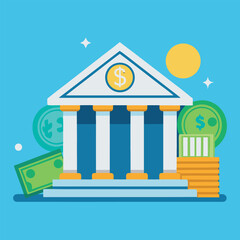 Financial institution conceptual illustration with bank building money and economic concepts