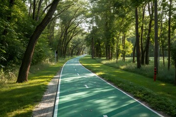 Curving green bike path winding through a sun dappled forest with tall trees and lush green grass