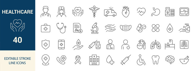 Healthcare Line Editable Icons Set. Doctor, Nurse, Heart, Medicine, Ambulance, Injection, Hospital, and More. Vector Illustration.