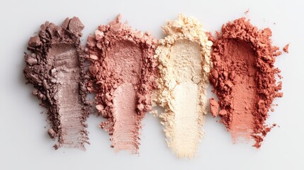 Powder makeup swatches on white background top view.