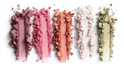 Powder makeup swatches on white background top view.