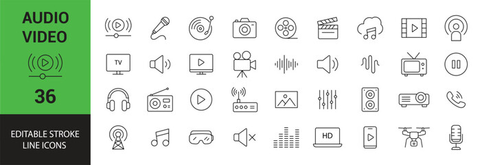 Audio and Video Line Editable Icons Set. Microphone, Speaker, Camera, Music, Play Button, TV, Podcast, Drone, and More. Vector Illustration.