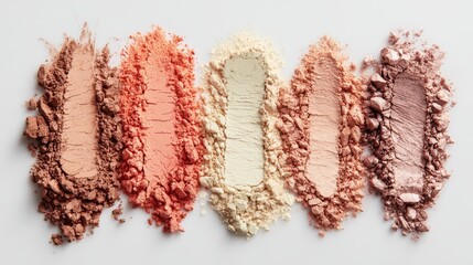 Powder makeup swatches on white background top view.