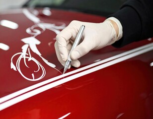 Detailing expert hand-painting pinstripes on red vintage car