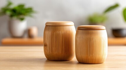Wooden jars with a bamboo texture for tea or coffee on a table in a modern kitchen.