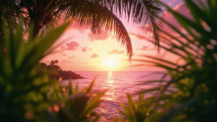 Tropical sunset over ocean framed by green palm leaves with pink and orange sky and small island silhouette