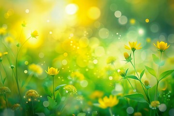 Vibrant yellow wildflowers bloom in a sun drenched meadow with soft bokeh lights creating a magical and serene atmosphere