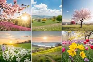 Collage of vibrant spring landscapes featuring blooming trees colorful flowers rolling hills and golden sunsets