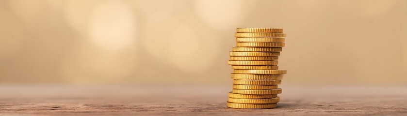 Luxury Gold Coins Symbolising Wealth and Prestige, Stack of gold coins on a wooden surface with a blurred background.