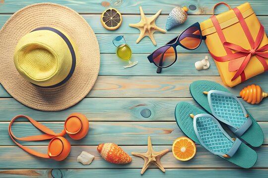 Summer vacation essentials including a straw hat sunglasses flip flops headphones a gift box and citrus fruits arranged on a weathered blue wooden background
