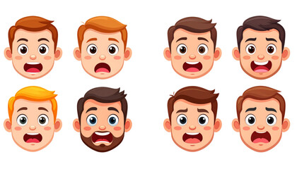 Cartoon illustrations of various male faces expressing different emotions, surprised and open-mouthed.