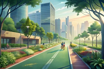 Modern city park with lush greenery and people cycling on a sunny day with skyscrapers in the background