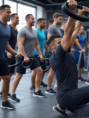 group of people exercising in gym