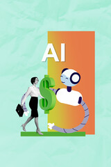 Vertical art exclusive collage of happy teacher woman walk job dollar salary money payment ai...