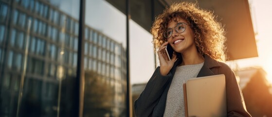 The confident woman talking on her phone in a modern urban setting.