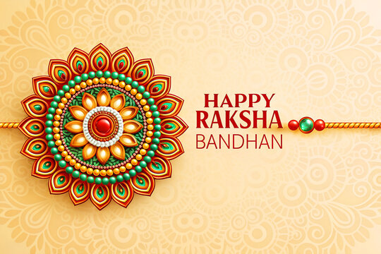 Classy beige Raksha Bandhan greeting with ornate central rakhi, traditional background pattern, and elegant Indian script for festive use