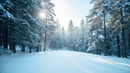 Naklejka premium Winter landscape with snow covered evergreen trees and a bright sunburst in a snowy forest scene with a clear blue sky